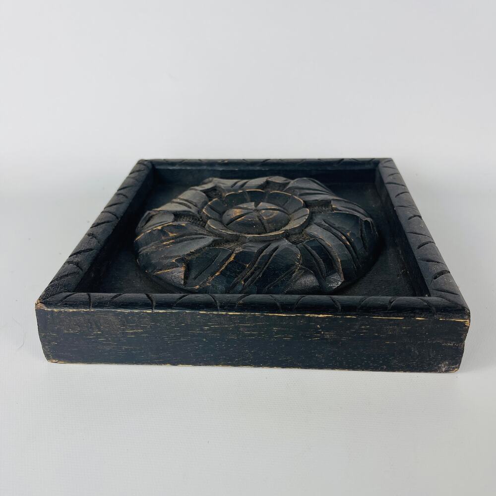 Rustic Carved Wood Dark Brown Decorative Wall Decor Square 8” - Picture 2 of 4